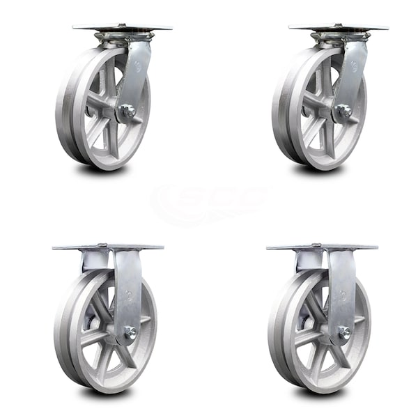 8 Inch V Groove Semi Steel Caster Set with Roller Bearings 2 Swivel 2 Rigid SCC